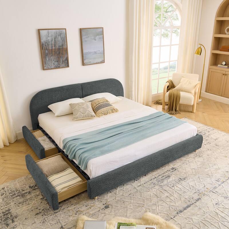 King Size Upholstered Bed Frame Modern Minimalist Style - Circle Yarn Fabric, Tall Curved Headboard