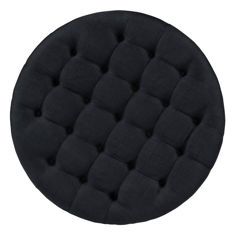 Coffee Table 2-Tier Button Tufted Ottoman with Wood Shelf,Upholstered Coffee Table,Footrest Ottoman with wheel,waterproof Linen