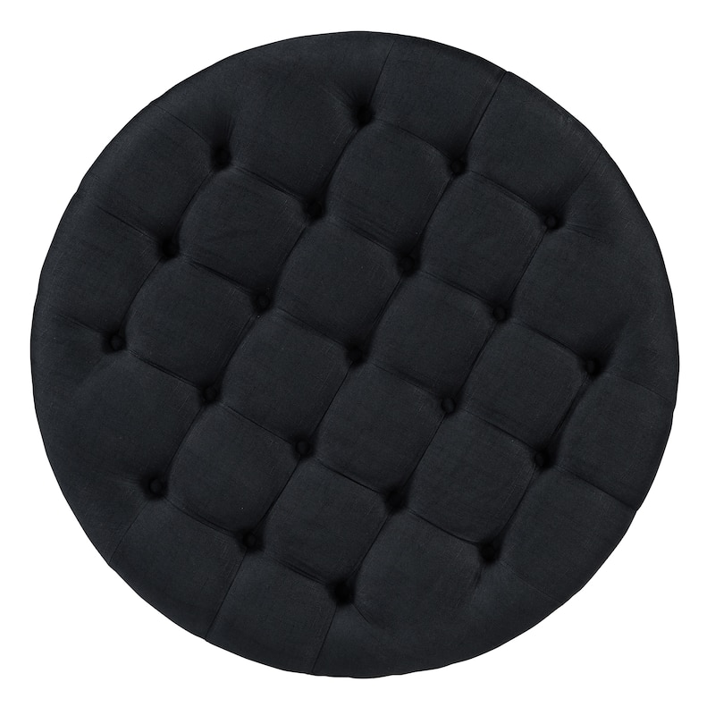 Modern Round Coffee Table 2 Tier Button Tufted Footstool with Wooden Shelf Storage Upholstered and Wheels for Living Room