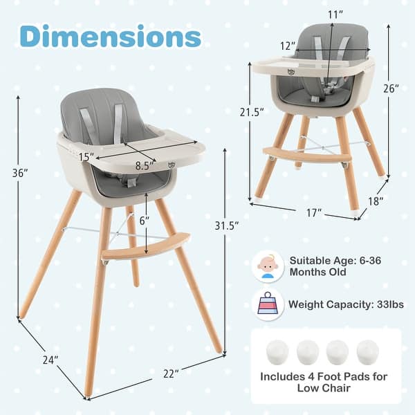 dimension image slide 3 of 5, Costway 3 in 1 Convertible Wooden High Chair Toddler Feeding Chair - See Details