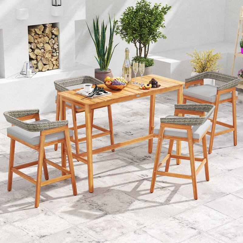 Set of 2 Acacia Wood Outdoor Bar Stools with Cushions and Wicker Back - 22" x 21" x 35"
