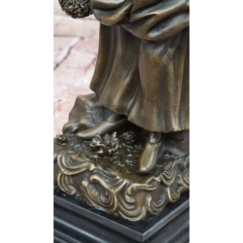 Bronze Sculpture Of Woman In Traditional Dress Holding Basket Of Flowers - Rustic Country Lady Statue