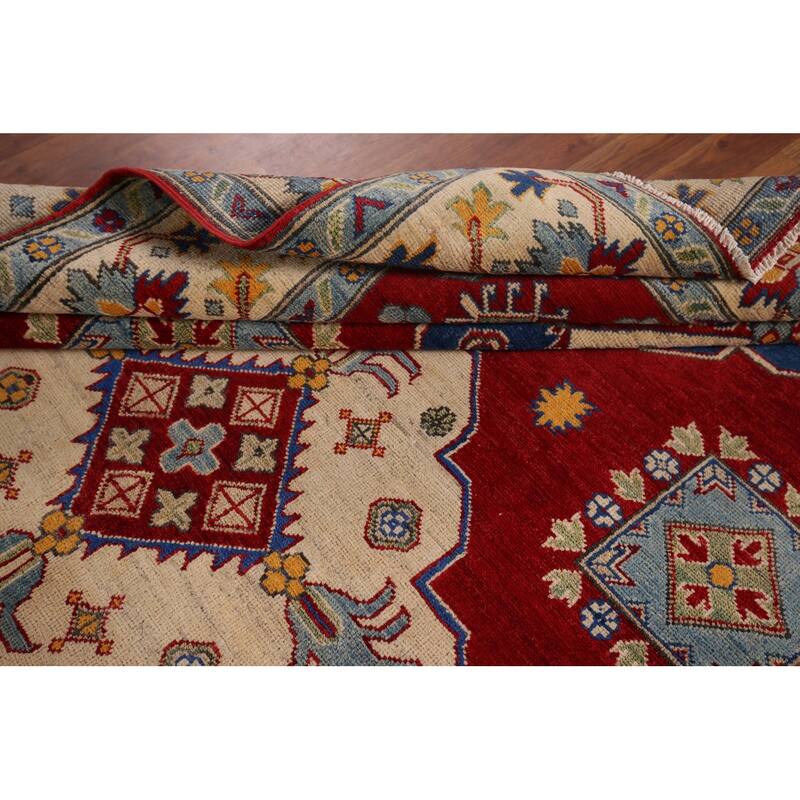 Hand Knotted Oriental 100% Wool Carpet Traditional Geometric Red Kazak Area Rug - 8' 7'' X 6' 2''