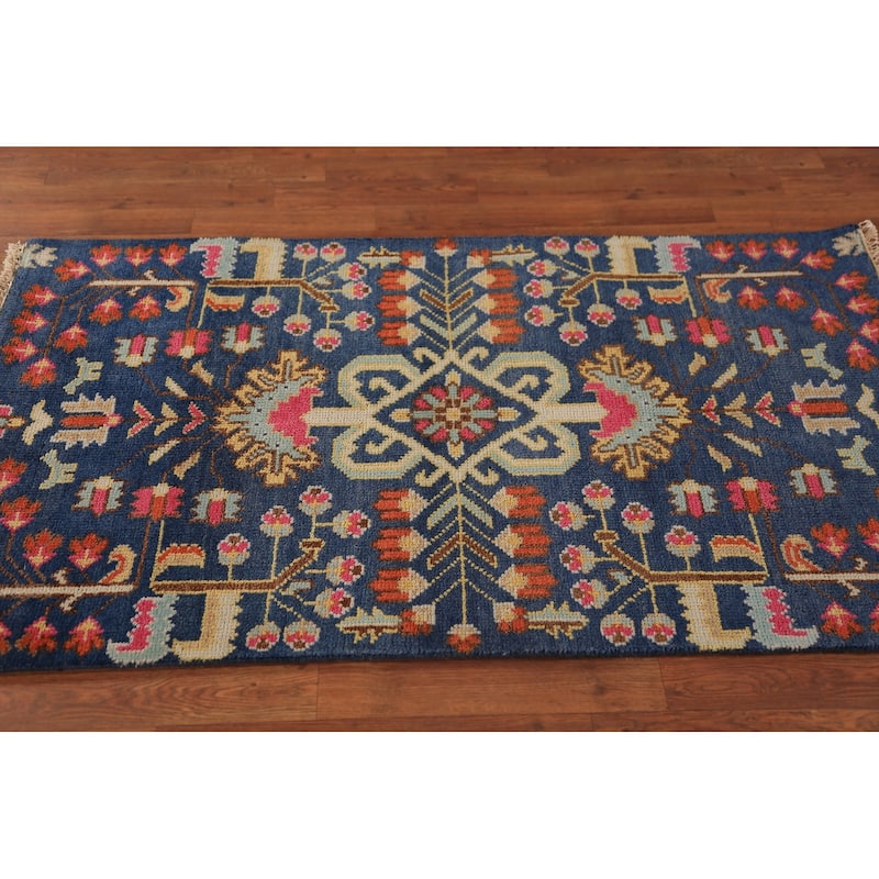 All-Over Blue Oushak Indian Foyer Rug Hand-Knotted Wool Carpet - 3'1"x 5'0"