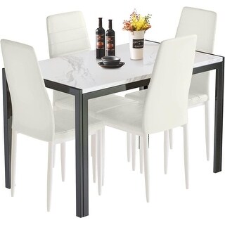5-Piece Faux Marble Dining Table Set with 4 PU Leather Chairs, Space ...
