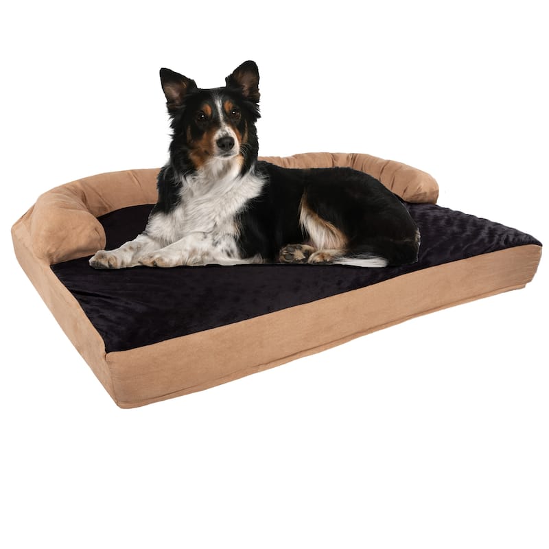 Tan/Black Pet Bed - 3-Layer Orthopedic Dog Sofa with Cooling Gel, Memory Foam and Neck Bolster - XL