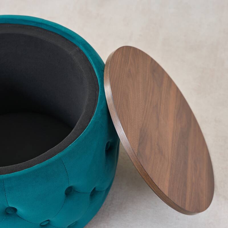 Luxurious Nesting Ottomans of 2, Round Storage Foot Stool with Wood Tray