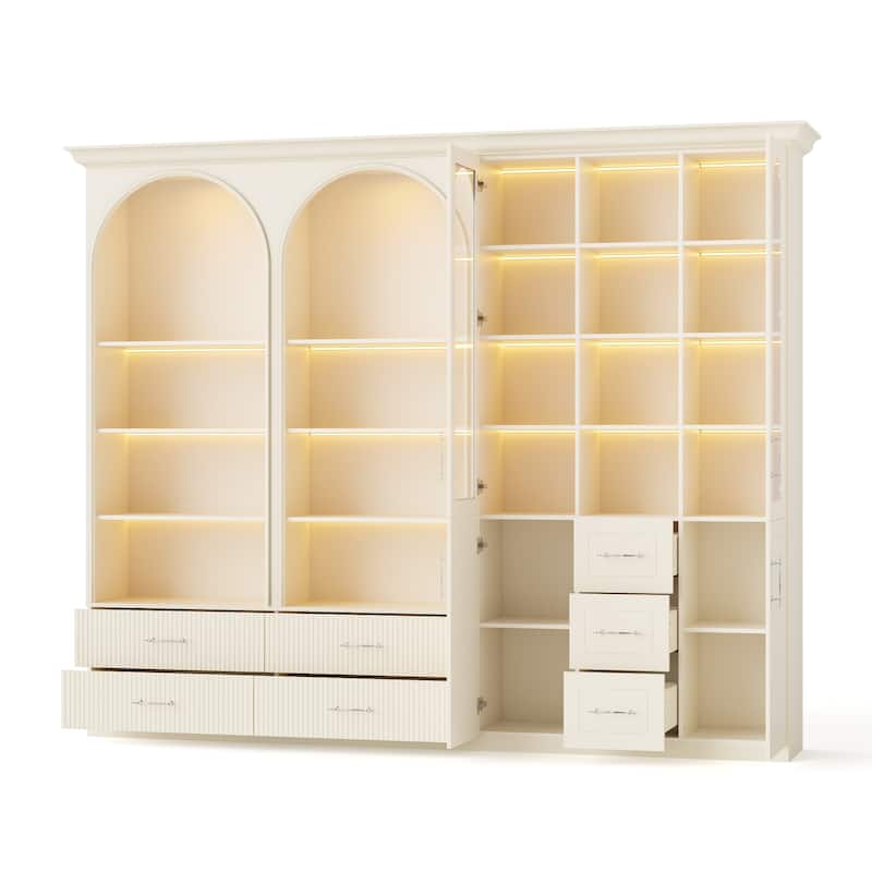 Modular Bookcase with LED Lights, Glass Door Storage Cabinet with Drawers, Large Display Shelving Unit Sideboard