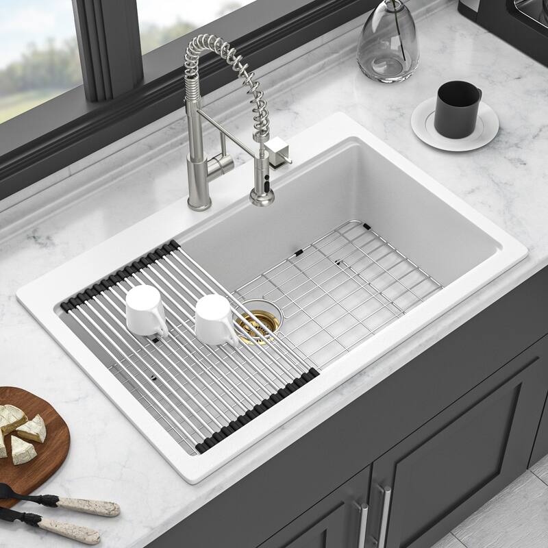 33" x 22" Drop-In Single Bowl Kitchen Sink with Grid, Roll-Up Rack & Bamboo Cutting Board, White Composite Granite