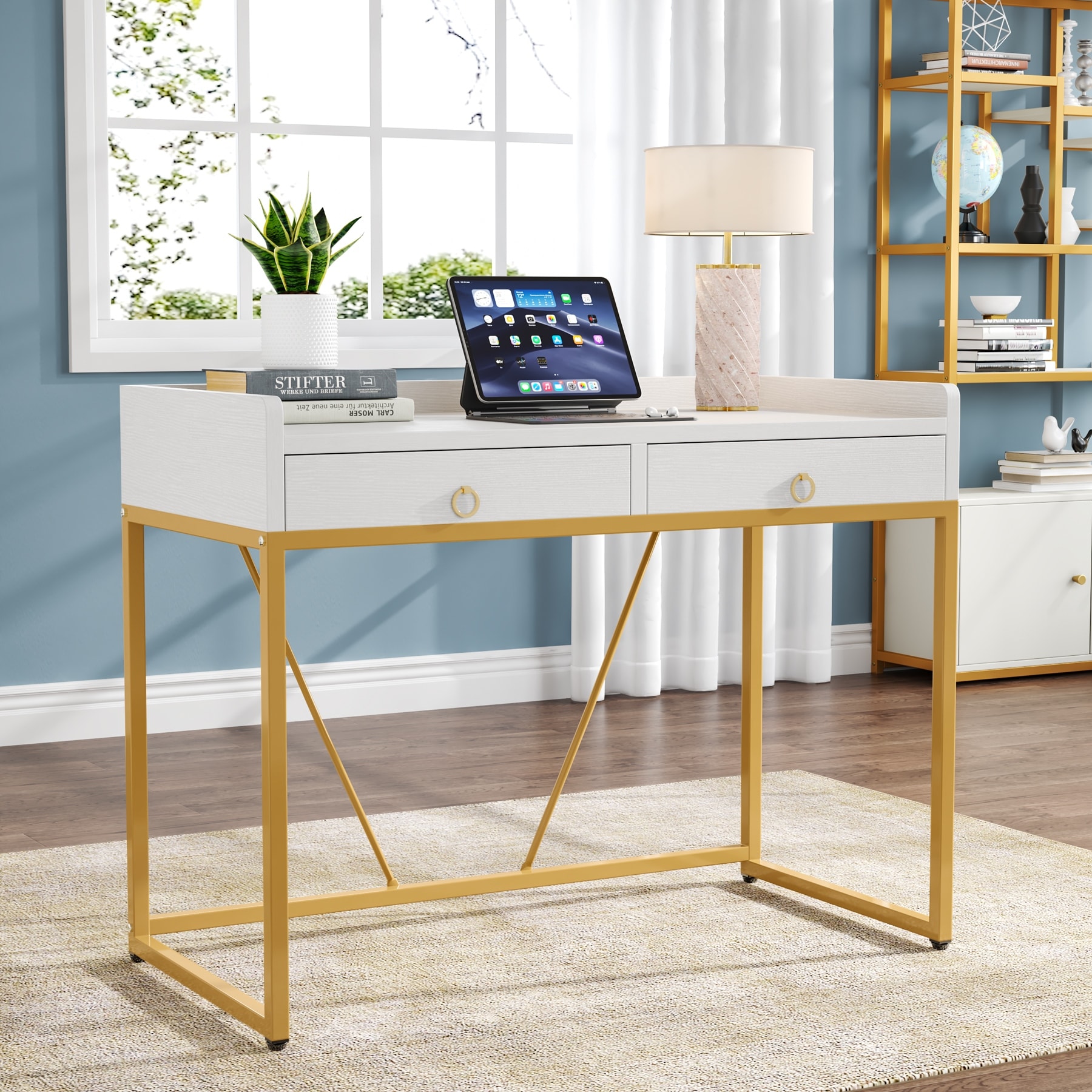 Modern Computer Desk White and Gold Vanity Desk for Home Office