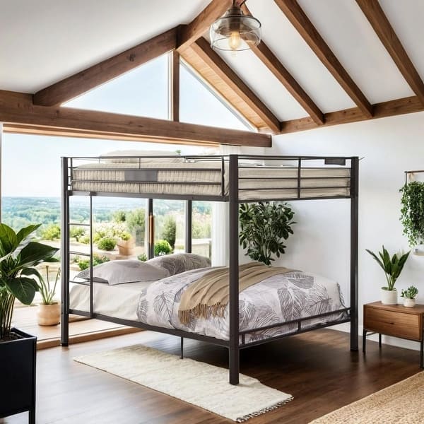 slide 2 of 6, Stylish Queen-over-Queen Bunk Bed with Sturdy Metal Construction, Sandy Black Finish, Full-Length Guardrail & Reversible Ladder Black