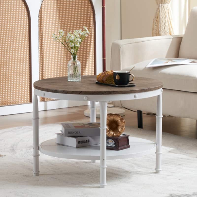 Double-layer Round Dark Walnut-colored Black-veined MDF Panel, White Wrinkled Baked Iron Frame, Industrial Style Coffee Table