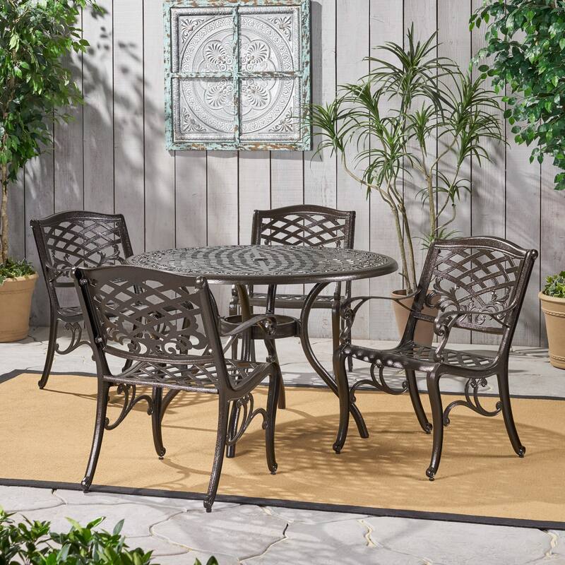 Roomfitters Outdoor Aluminum Dining Set with Lattice-Pattern Round Table and Four Armchairs for Stylish Patio Dining