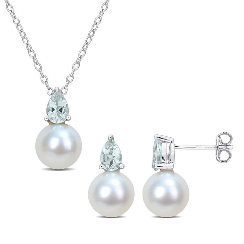 Miadora 1 1/5ct TGW Aquamarine Cultured Freshwater Pearl Aquamarine Jewelry Set Sterling Silver