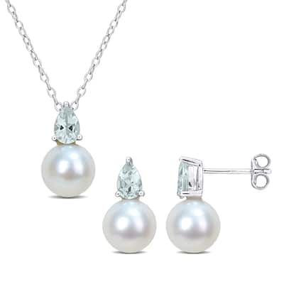 Miadora 1 1/5ct TGW Aquamarine Cultured Freshwater Pearl Aquamarine Jewelry Set Sterling Silver