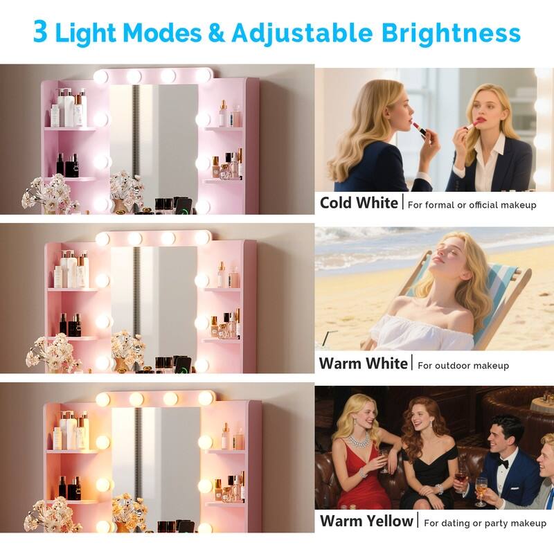 Particle Board Veneered with Textured Melamine, 2-drawer 4-Shelf, comes with 10 Three-color Dimmable Bulbs, Dressing Table Set