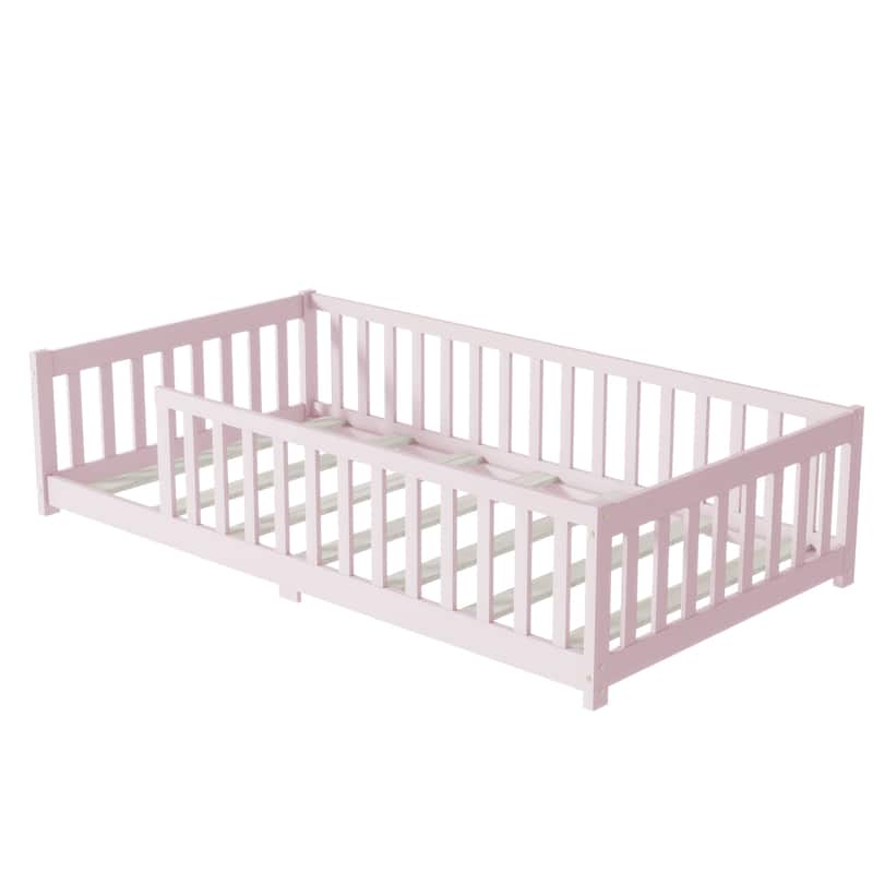 Montessori Twin Size Toddler Floor Bed with Fence without Door, Open-row Design Wood Frame Platform Bed with Safety Guardrails