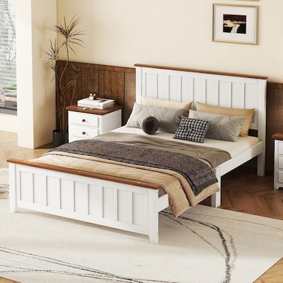 White Full Size Wooden Platform Bed with Rectangular Headboard and Footboard