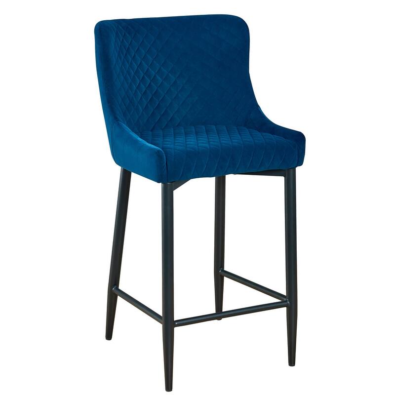 HomeRoots Set of Two 26" Blue and Black Velvet and Metal Low Back Counter Height Bar Chairs