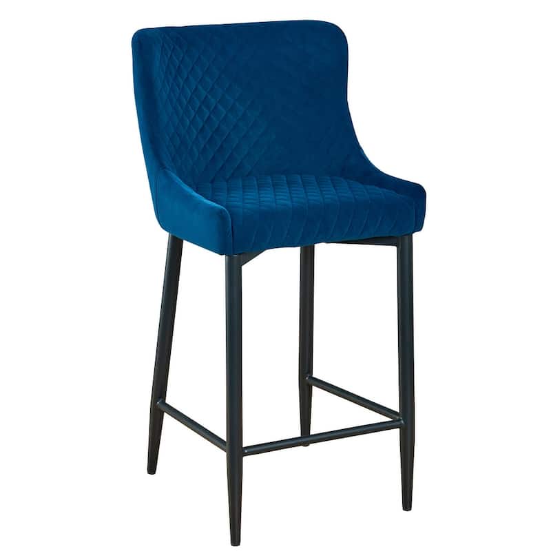 HomeRoots Set of Two 30" Blue and Black Velvet and Metal Low Back Bar Height Bar Chairs