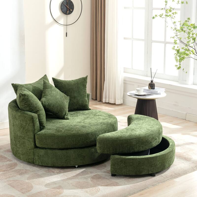360° Swivel Accent Barrel Chair with Storage Ottoman & 4 Pillows, Modern Chenille Leisure Chair Round Accent