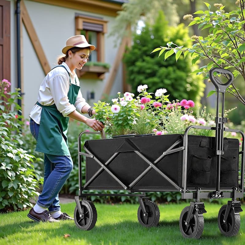 Outdoor Large Capacity Collapsible Foldable Wagon Cart Garden Cart with All-Terrain Wheels-35IN - 20.5"D x 33.3"W x 38.9"H - Black