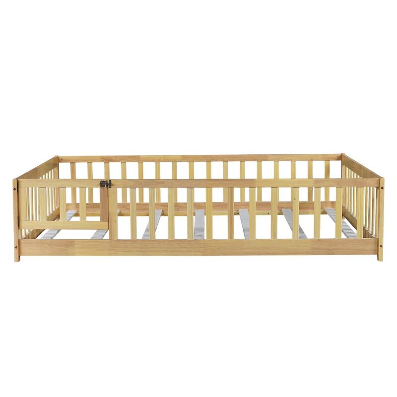 Full Size Rubber Wood Floor Bed with Safety Fence and Door, Natural Finish, Easy Assembly