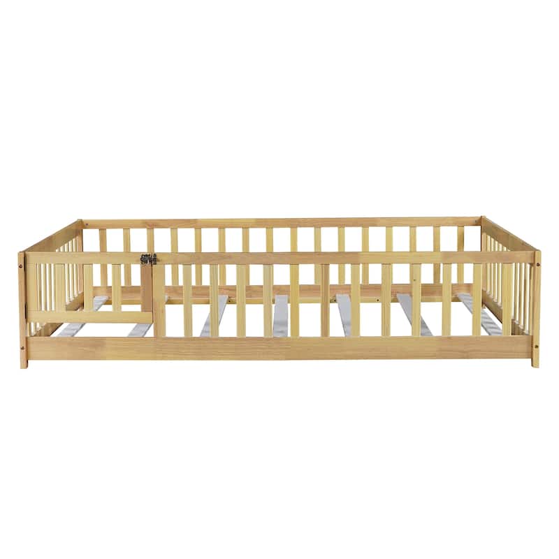 Roomfitters Full Size Floor Bed with Surround Fence & Swing Door, Rubber Wood Floor Platform Bed with Guardrail & Slat, Natural