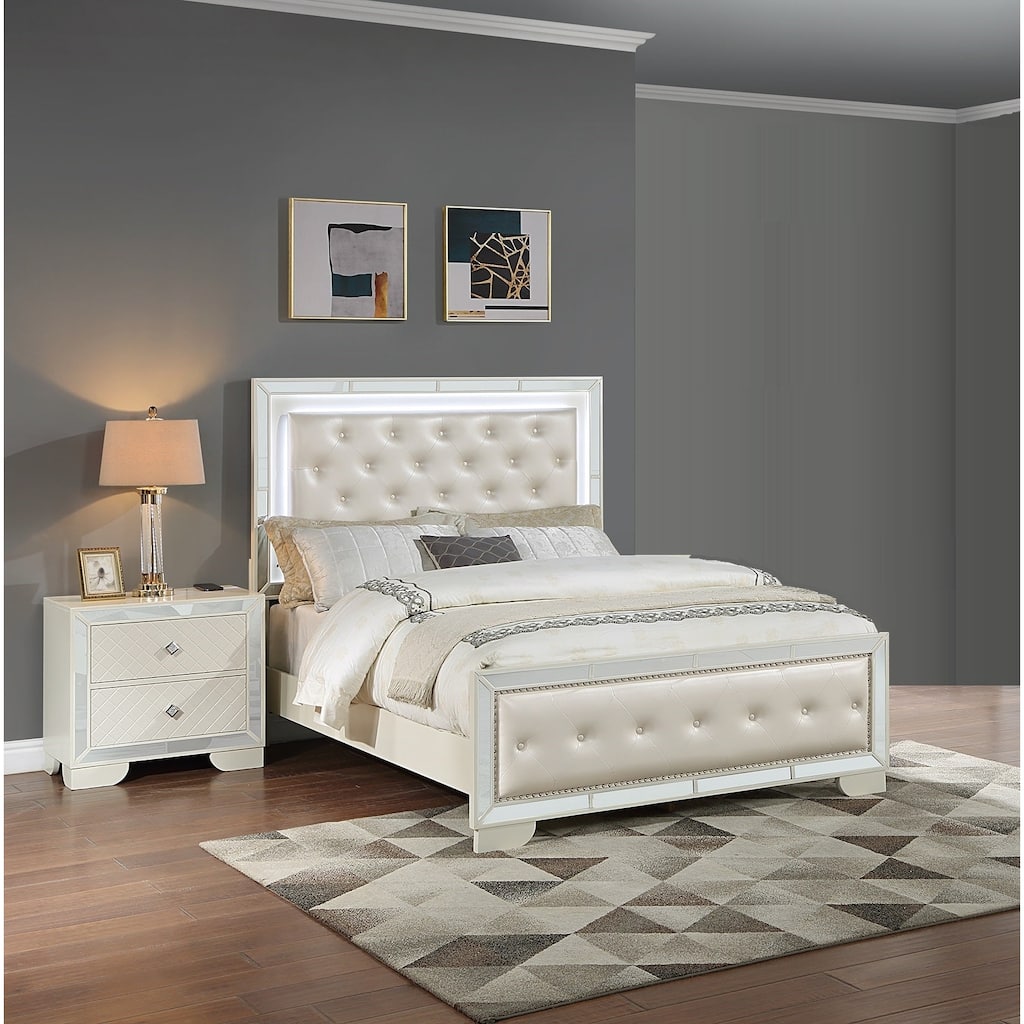 Transitional Style 3pc Bed 2x Nightstand Set LED Light Headboard Diamond Knobs Handles Cream Finish Bedroom Furniture