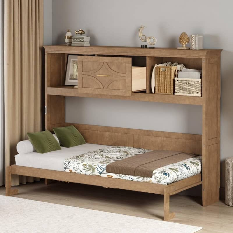 Twin Size Murphy Bed with Built-in Storage & Charging Stations by Harper&Bright Designs - Wood