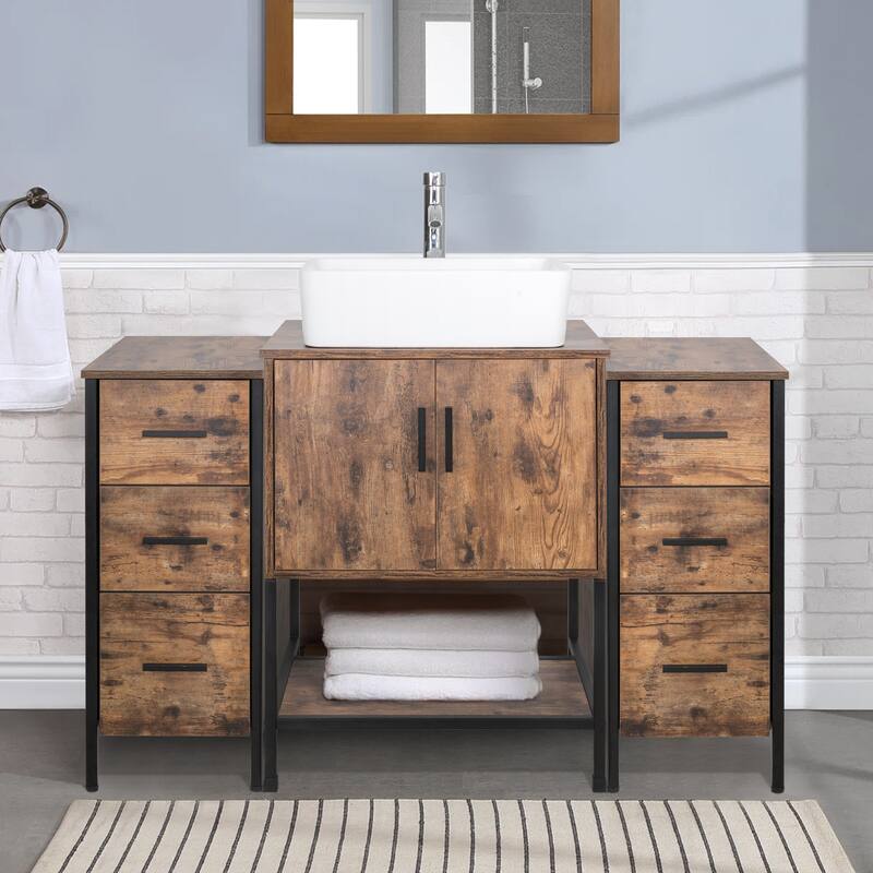 48" Bathroom Vanity Set Organizer Top Vessel Sink W/ Faucet Drain Cabinet Combo - white ceramic rectangular sink