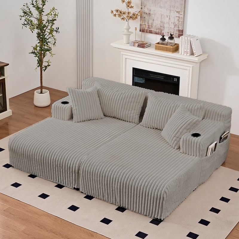 Mixoy 85"Movable Double Chaise Lounge Sofas,Loveseat with Cup Holder,Side Pockets,2 Pcs Oversized Single Sleeper Sofa Chair - Light Grey - 2-Pieces