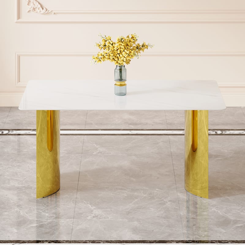 Roomfitters Modern Dining Table with White Marble Glass Top and Gold Legs for Living Room or Dining Space, White