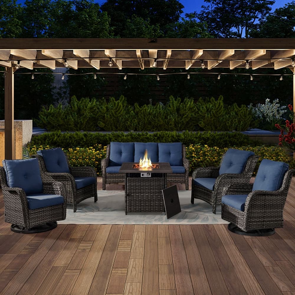 Gymojoy 6-Piece Outdoor Wicker Patio Furniture with Fire Pit Table, Rattan Coversation Set with Water Resistant Thick Cushions