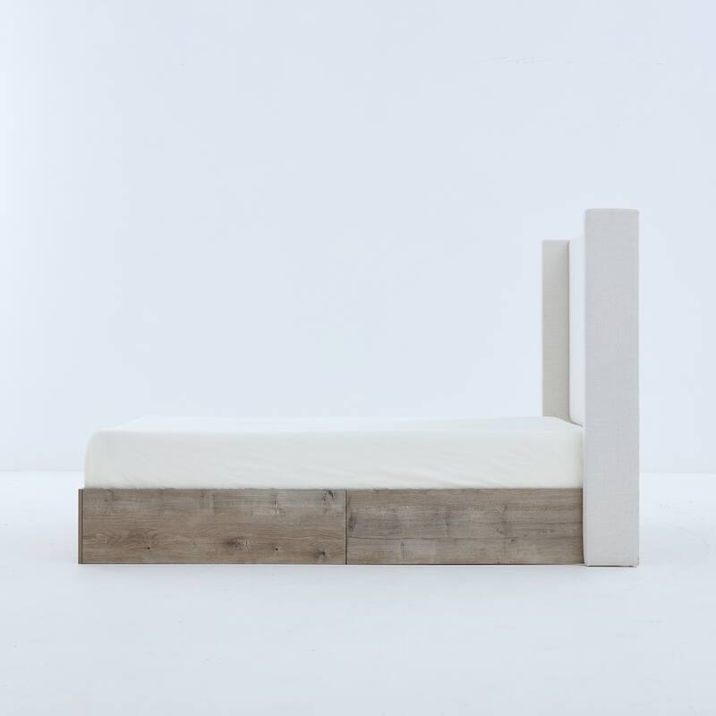 Rustic Modern Farmhouse Upholstered Wingback Bed with Textured Ivory Canvas Chenille, Queen Size, Sturdy Wooden Base