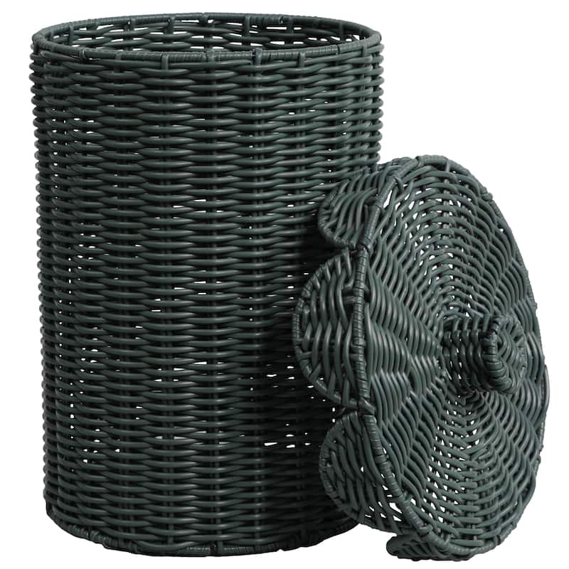 Fern Modern Bohemian Resin 2.9-Gallon Cylinder Wicker Watebasket with Scalloped Lid - Dark Green