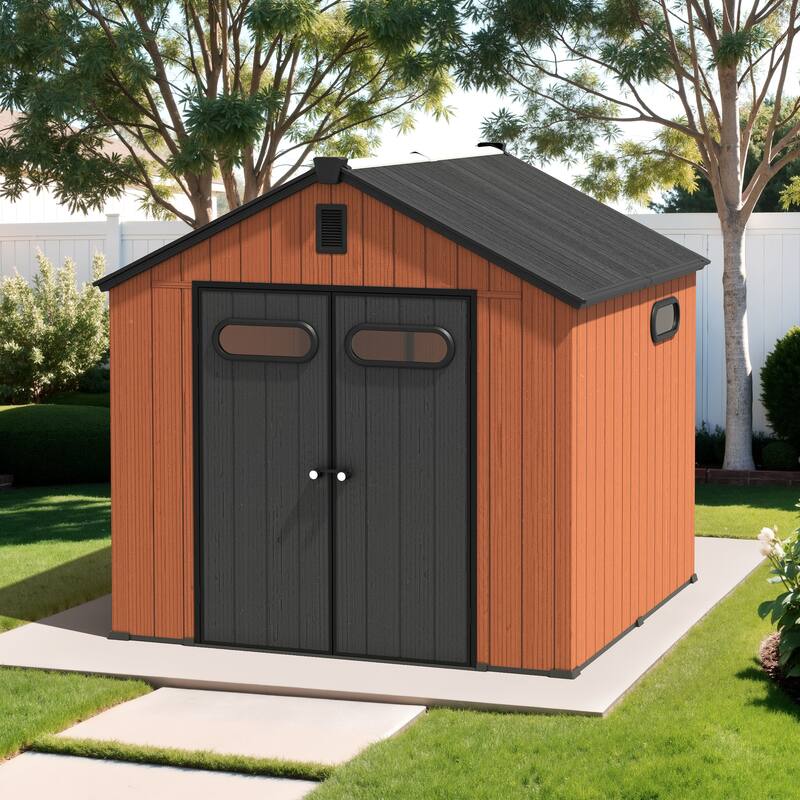 8X8 FT All-Weather Waterproof Outdoor Resin Storage Shed Windows Lockable Door with Floor for Patio Furniture and Tools