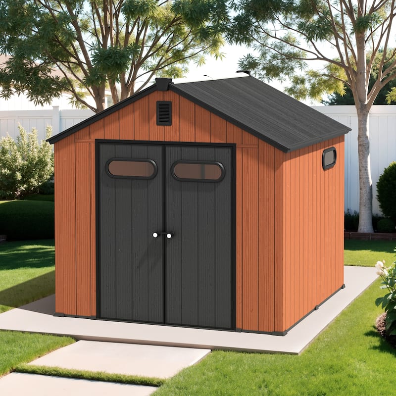 VredHom 8X8/8X10/8X12 FT All-Weather Outdoor Resin Storage Shed with Windows Floor for Patio Furniture and Tools