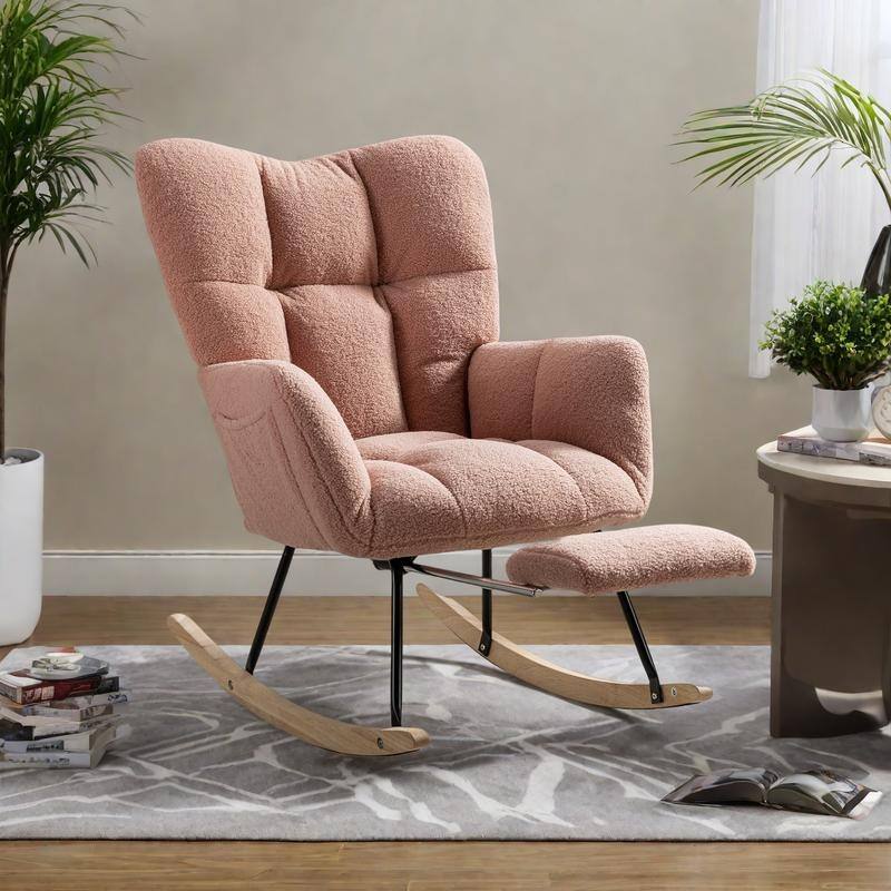 Teddy Fabric Rocking Chair with Adjustable Footrest and 300lb Capacity - Pink