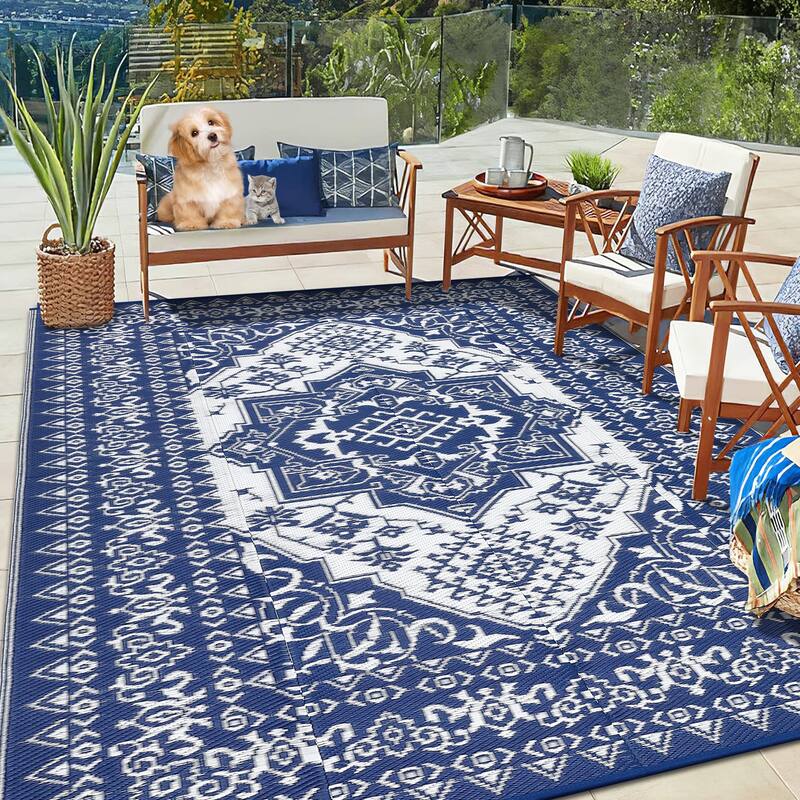 Outdoor Patio Rug Waterproof Reversible Carpet Vintage Boho Medallion Rug Plastic Straw Rug