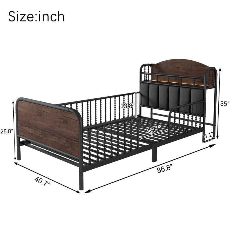 Kids Platform Bed Metal Frame with Linen Fabric Upholstered Storage Headboard Built-in Light Strip, Both Sides Rails