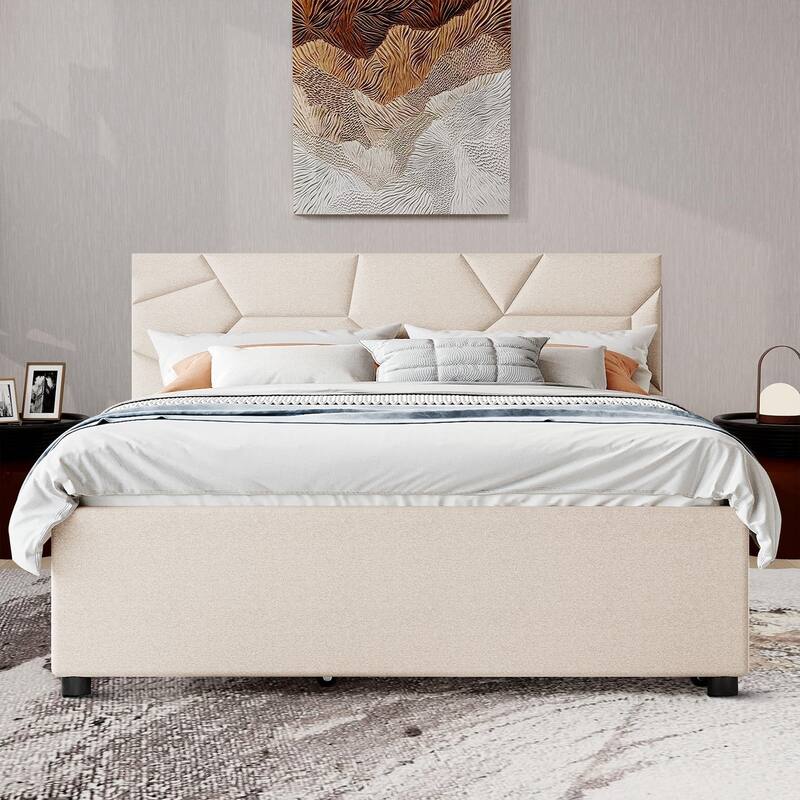 Stylish Linen Fabric Upholstered Platform Bed with Two Drawers and a Trundle Bed