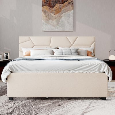 Stylish Linen Fabric Upholstered Platform Bed with Two Drawers and a Trundle Bed