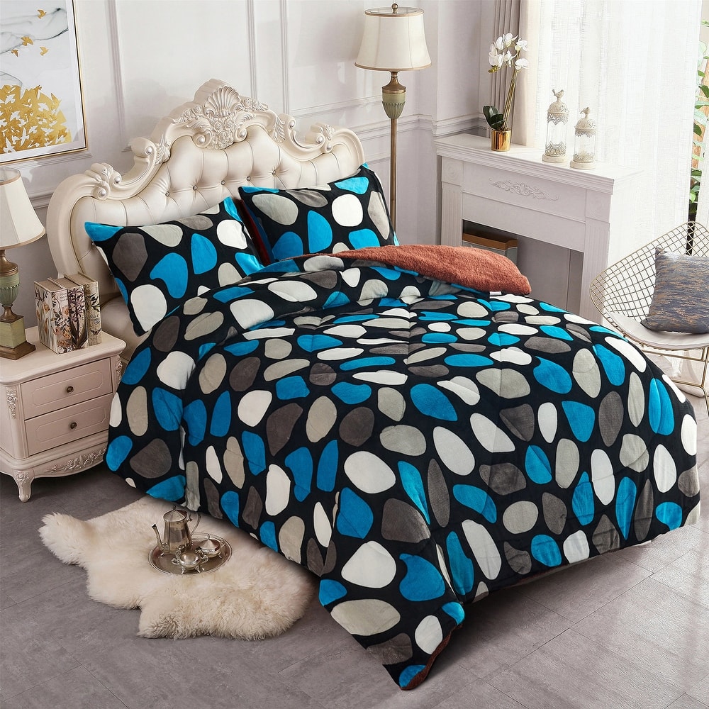 3-Piece Floral Printed Sherpa-Backing Reversible Comforter Set