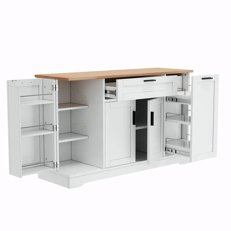 Multi-Functional Storage Sideboard & Extendable Dining Table with Adjustable Shelves, 3-Tier Pull-Out Rack