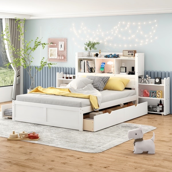 Bedroom Full Size Platform Bed Frame with 2 Drawers Twin Trundle Wooden Platform Bed with All in One Cabinet and Shelf USB On Sale Bed Bath Beyond 39225431