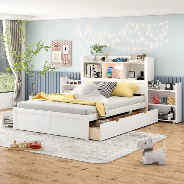 slide 2 of 34, Full Size Storage Platform Bed with Trundle and Pull-Out Shelves, White White