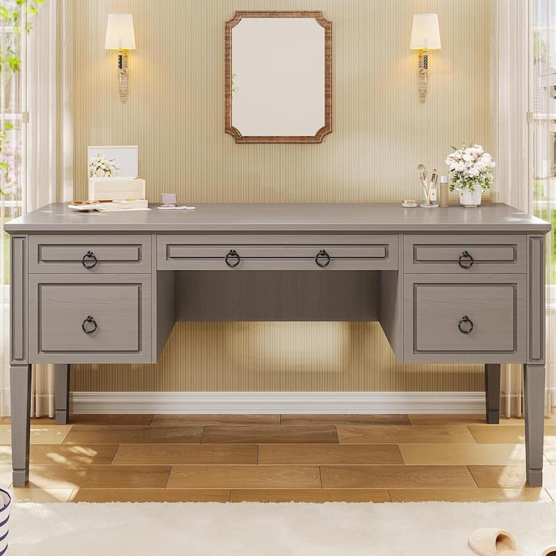 Farmhouse Executive L Shaped Desk Home Office Desk with Drawers and Storage Cabinet & Power Outlet