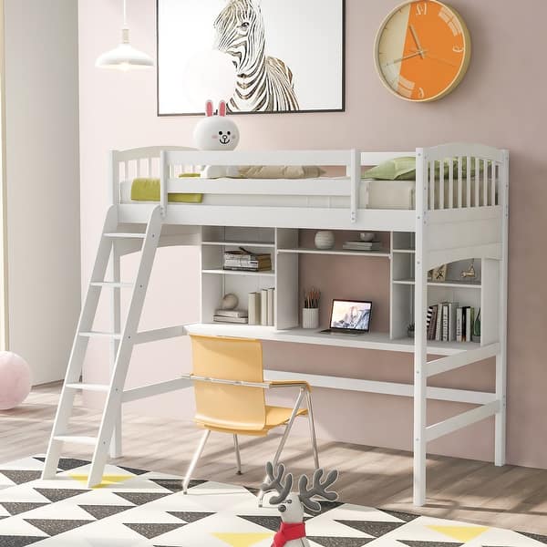 slide 2 of 27, Twin Size Loft Bed with Storage Shelves, Desk, and Ladder White