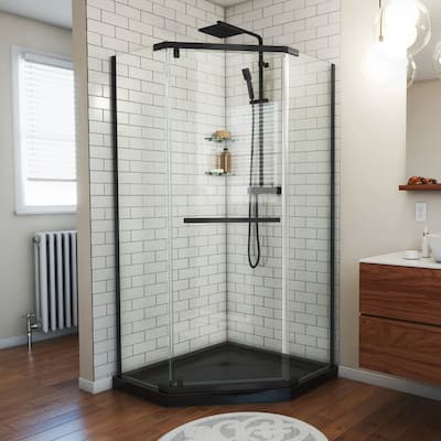 DreamLine Prism 38 in. x 74 3/4 in. Frameless Neo-Angle Pivot Shower Enclosure in Satin Black with Black Base Kit